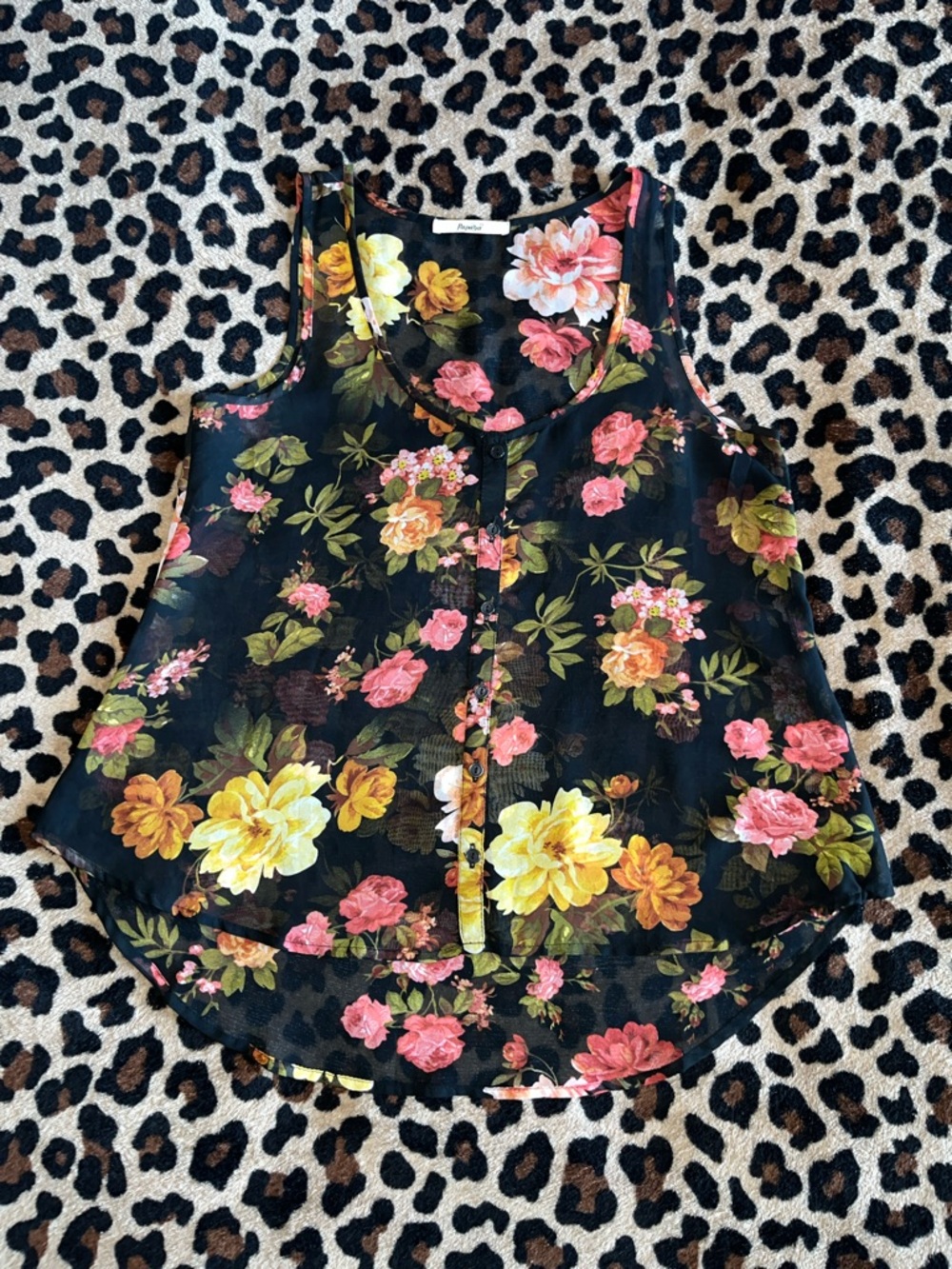 Papaya Black Floral Button-Front Camisole with Pink & Yellow Blooms